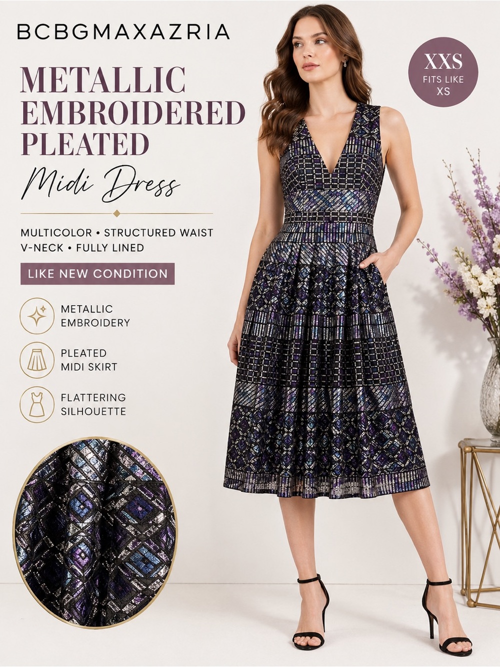 BCBGMAXAZRIA Metallic Embroidered Midi Dress ✨ Pleated V-Neck Cocktail Party XS - Picture 4 of 10